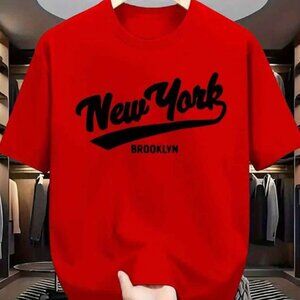 New York Brooklyn Script Logo Red Cotton T-shirt